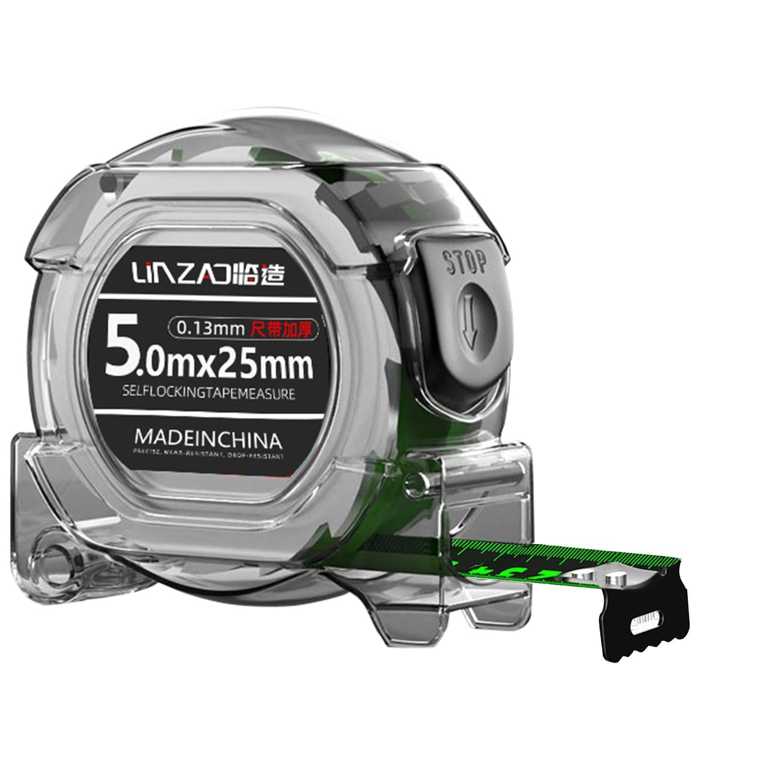 Cinta de Acero Inoxidable Fluorescente, 5 metros, 25 mm, Peso Ligero, Posición Cero, Realmente Compacta, Ergonomía, a Prueba de Golpes, Con Gancho de Cinturón, Cerradura Automática Antirrobo