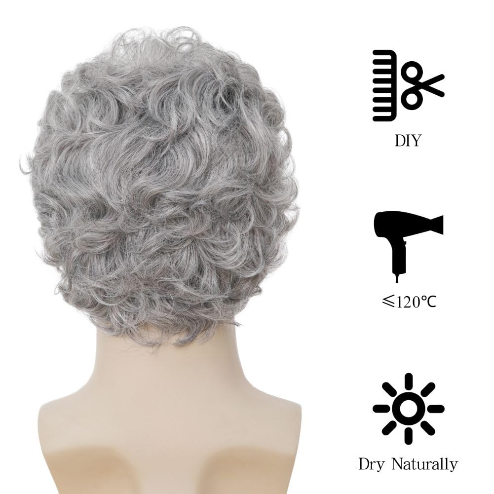 Grey Short Curly Wigs for Men Natural Fluffy Synthetic Layered Halloween Daily Hair for Male Wig Cap