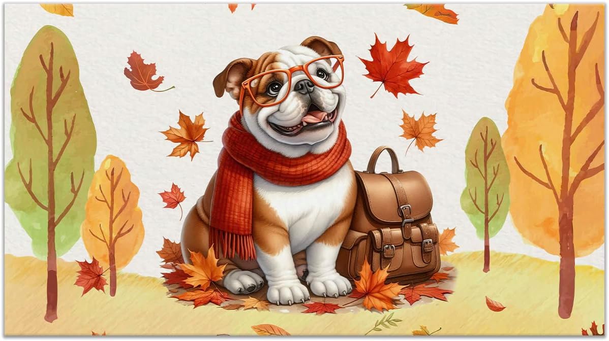 Welcome Fall Bulldog Enjoys School Time Autumn Fall Leaves Doormat Dog Lover Gifts Idea Indoor Outdoor Welcome Mat - 02013