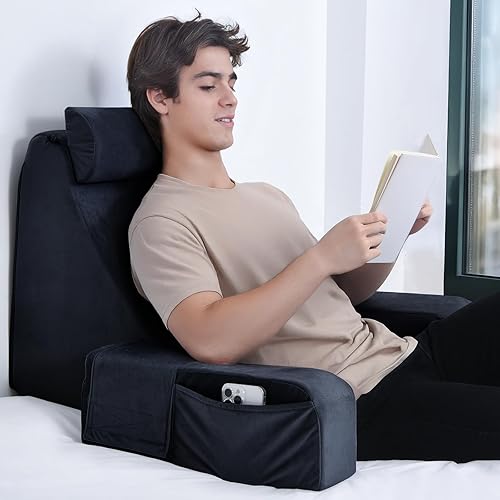 Miniatura 9 de ENITYA Almohada de lectura con brazos para soporte de cama, almohada grande de apoyo de espalda de 21 pulgadas para sentarse, almohada de cuña