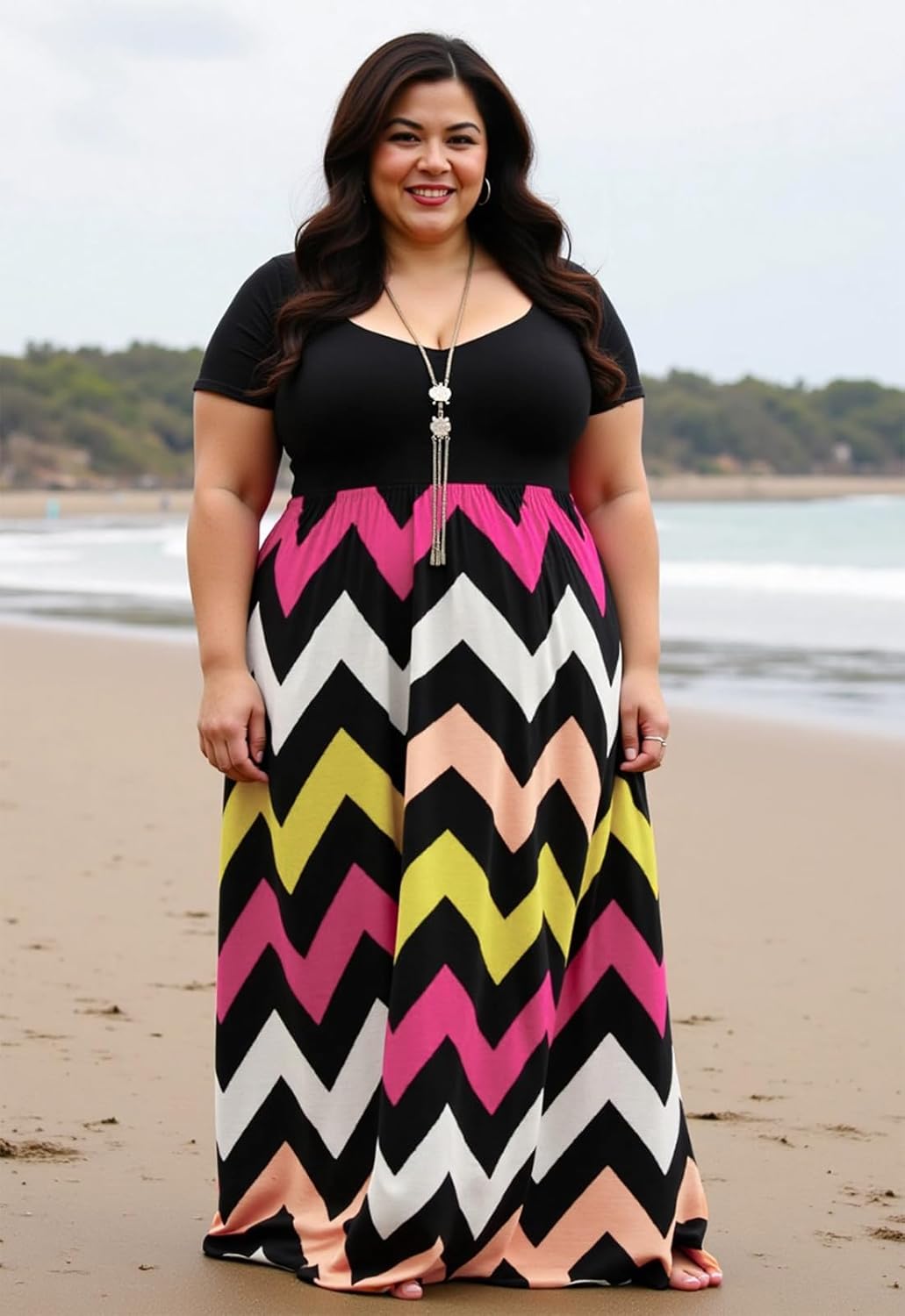 Nemidor Plus Size Maxi Dresses for Curvy Women Casual Short Sleeve Chevron Print Long Dress with Pocket 14-26 - Image 3