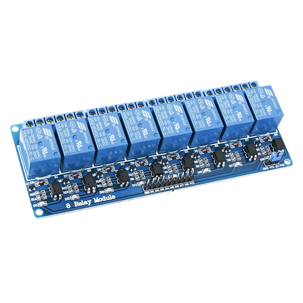 Angled view of the ELEGOO 8-Channel Relay Module, highlighting the relays and input pins.