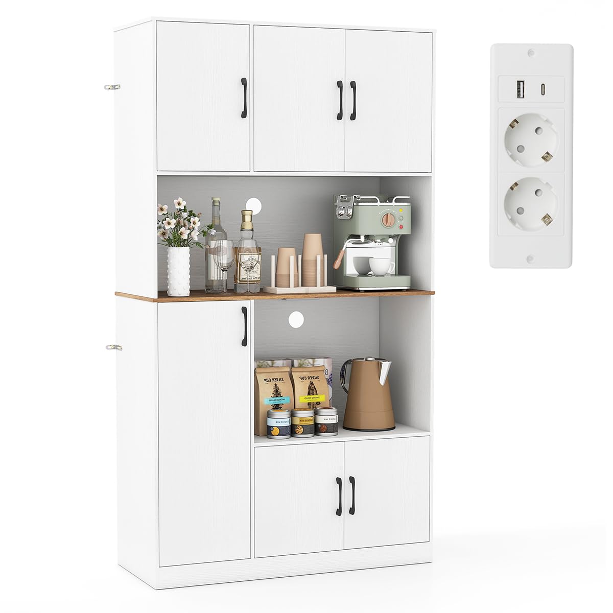 COSTWAY Armoire Cuisine Rangement 180 CM avec Prise, Buffet Vaisselier Cuisine 4 Placards, Plan de Travail, Support Micro-Ondes, Moderne, Meuble Rangement pour Salle à Manger, Salon (Blanc)
