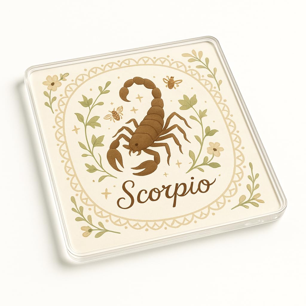 The Plum Penguin Scorpio Cottagecore Charming Acrylic Coaster Gift - Cottagecore Zodiac Theme With Vintage Floral Design For Unique Home Decor