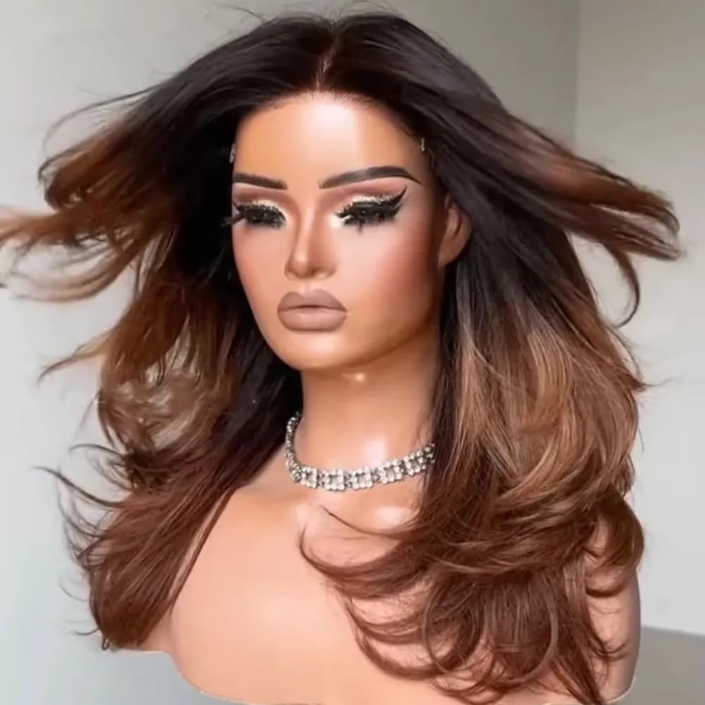 Ombre Brown Layered Cut Wavy Human Hair Wig 180% Density Natural Wave 13X4 HD Invisible Lace Front Wig with Baby Hair Bleached Knots Curtain Bangs Brazilian Hair Glueless Wigs #1B/30 Color 24Inch