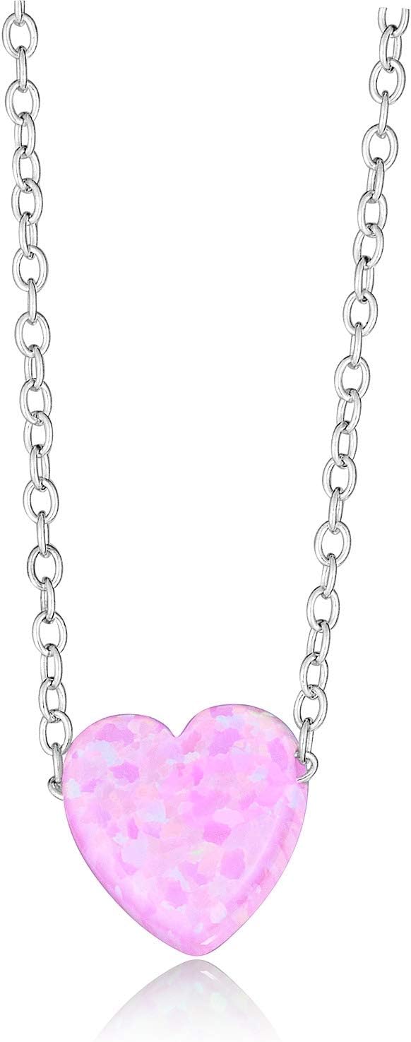 AVORA 925 Sterling Silver Simulated Pink Opal Heart Pendant Necklace with 15" Chain