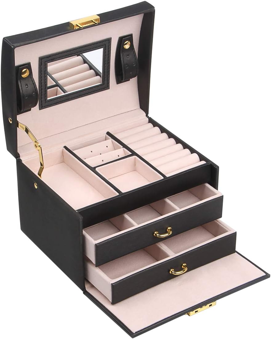 Jewelry Box 3-Layer Display Jewelry Box & Organizers with Lock and Mirror Portable Travel Jewelry Boxes for Women (Black)