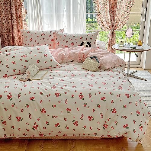 AMZTOP Cotton Duvet Cover Queen Cute Cherry Duvet Cover with 2 Pillowcases Girls White Pink Comforter Cover with Zipper Closure Reversible Lightweight for Summer-Queen 90x90inch
