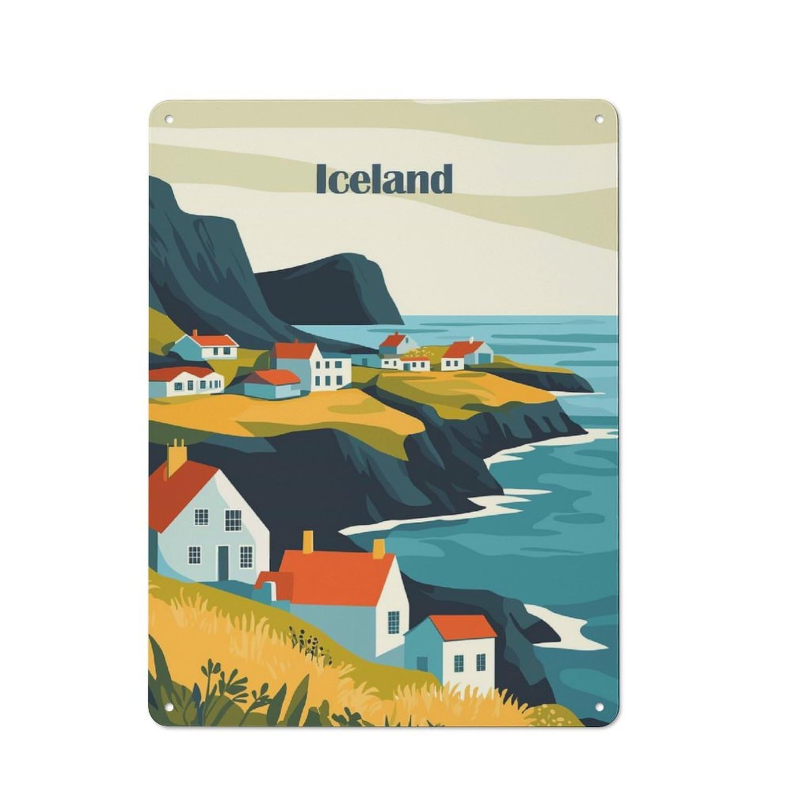 Urban Iceland Coastal Village Decorative Metal Plaque 40x30cm, Urban Room Decor for Flat, Bar, Studio Or Gallery Wall