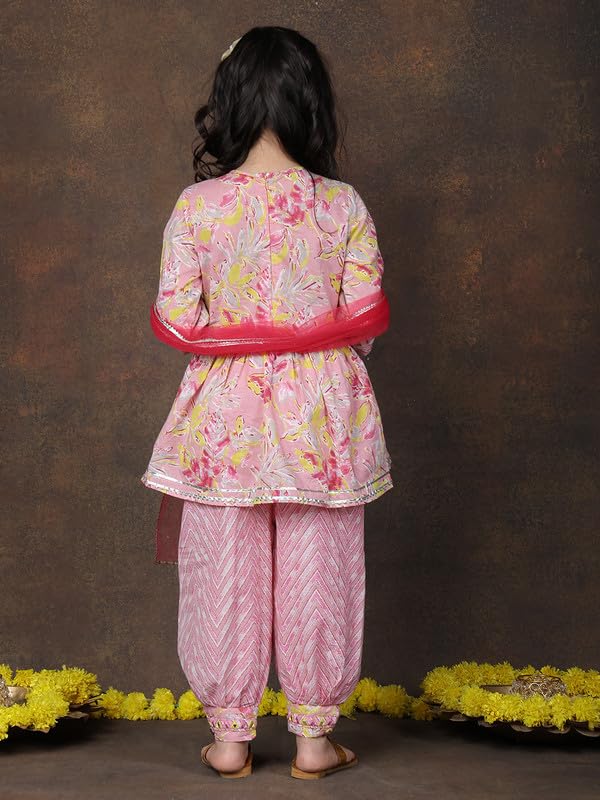 Image of superminis Girls Cotton Floral Printed Kurti Palazzo Style Salwar Set With Net Dupatta Kids Ethnic Wear Set