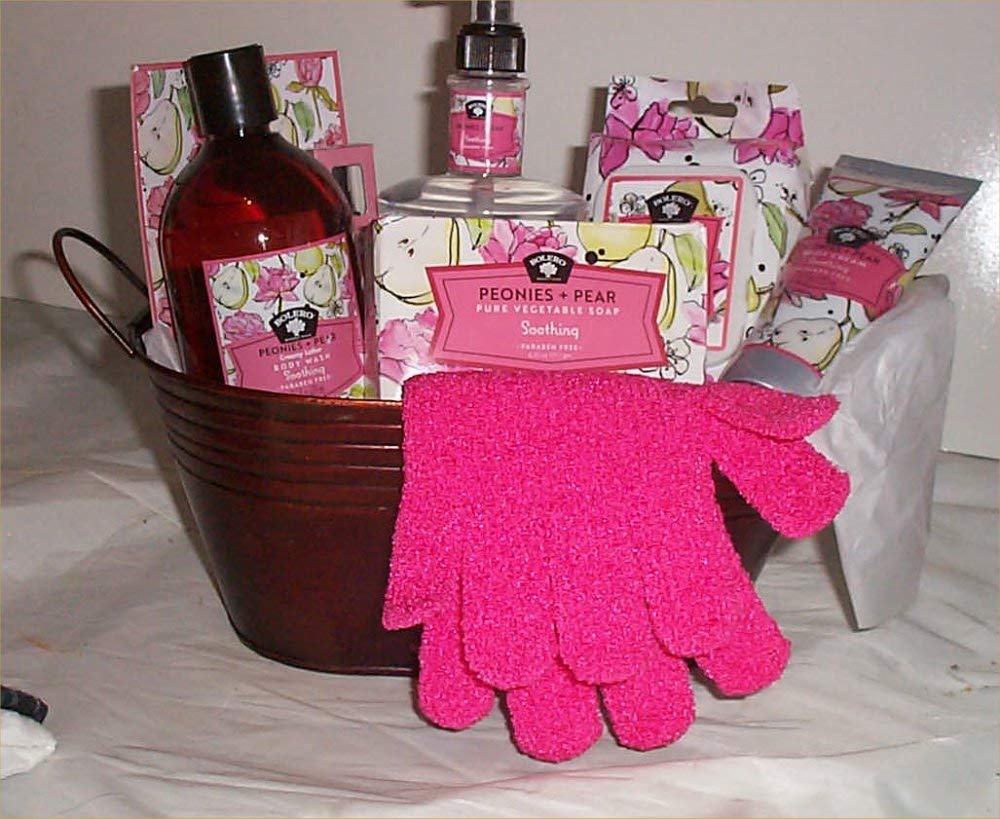 Gift Basket Ladies Spa Peonias Pear Bath Body Wash Gloves Lotion Fizz Tin Pot