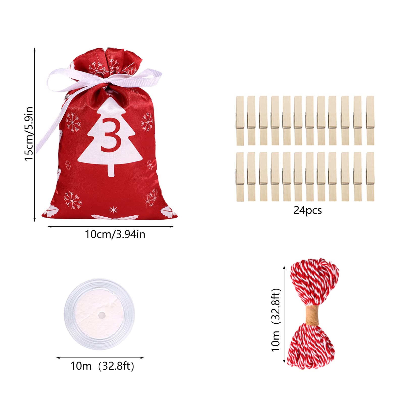 5 sacchetti per calendario 'Avvento, calendario natalizio con | conto alla rovescia, regalo con coulisse, materiale satinato e design natalizio, buon effetto decorativo per