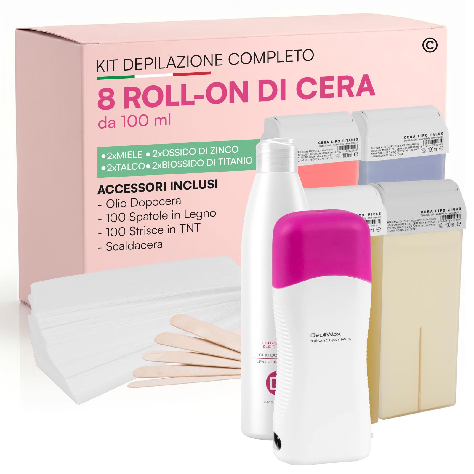 Kit Completo Ceretta Liposolubile Roll-On al Miele, Talco, Ossido di Zinco e Biossido di Titanio + Scalda Cera a Rullo + Dopocera Olio di Argan + Spatole in Legno + Strisce Depilatorie - Set da 12
