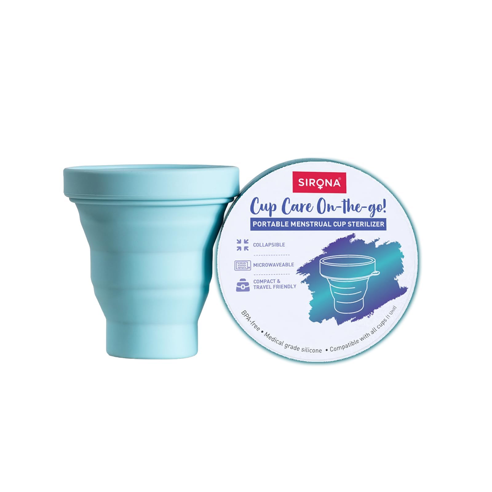 Sirona Collapsible Silicone Cup Menstrual Cup Sterilizer Foldable Sterilizing Container Cup -Pack of 1 Unit | Microwave Friendly | Kills 99% of Germs | For Women, Blue