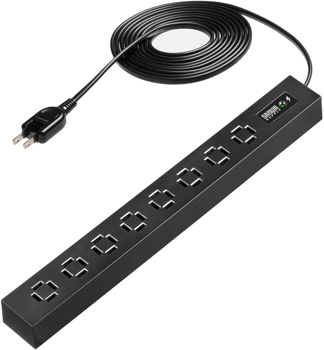 サンワダイレクト 電源タップ AC 8個口 3m 雷ガード 絶縁キャップ スイングプラグ 延長コード スリム ブラック 700-TAP083-3BK