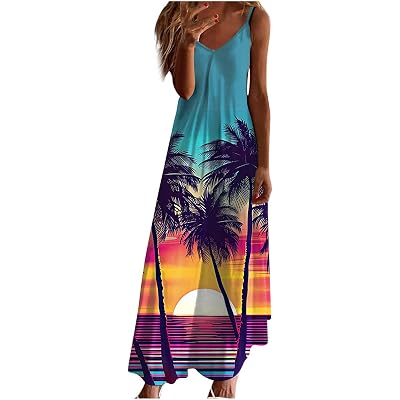 Mzkdieey Women's Beach Palm Trees Print Tropical Hawaiian Dress Spaghetti Strap V Neck Boho Long Maxi Dress Summer Sundress