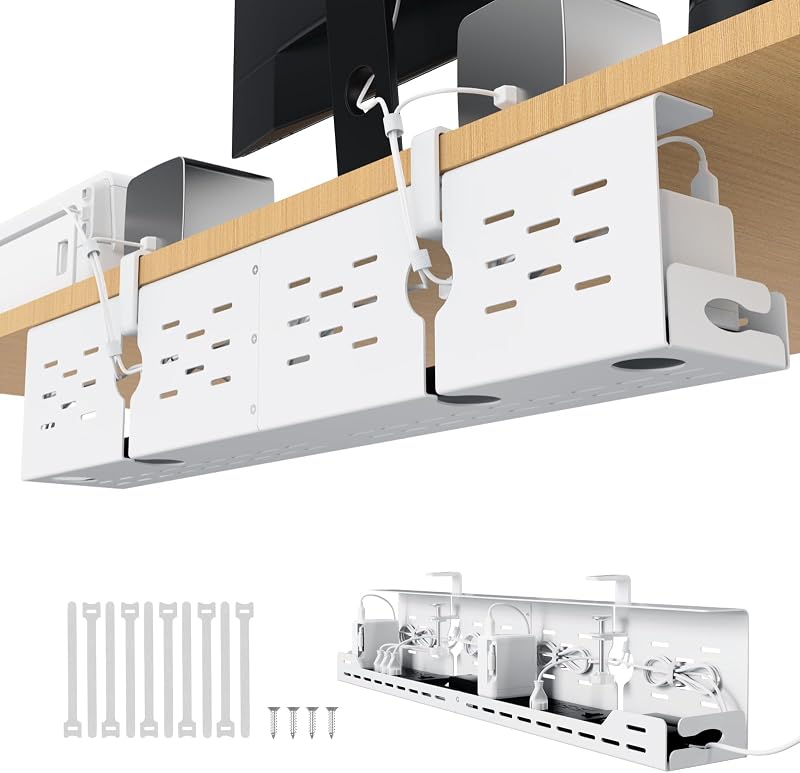 Univivi Under Desk Cable Management Tray, Cable Management, 32 inch, White | Durable Steel Material, Under Desk Cable Tray with No-Drill C-Clamp and Screw Mount, Wire Management for Office/Home