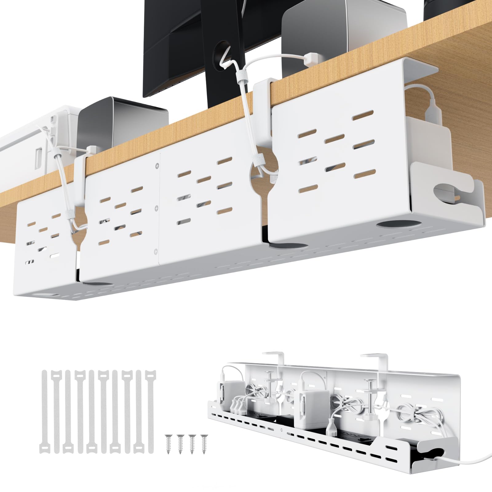 Univivi Kabelmanagement unter dem Schreibtisch, stabile Metall-Kabelwanne ohne Bohren, C-Klemme und Schraubhalterung, robuster Kabel-Organizer für Büro und Zuhause, 81,3 cm, Weiß