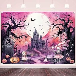 Pink Halloween Backdrop Scary Halloween Backdrops for Photography Background Full Moon Haunted House Pumpkin Halloween Party Decorations Outdoor Witch Birthday Banner for Girl Kids 7x5ft