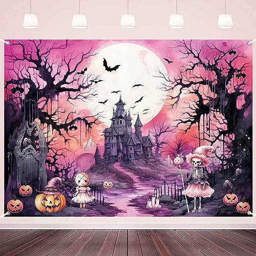 Pink Halloween Backdrop Banner Spooky Witch Halloween Birthday Pa...