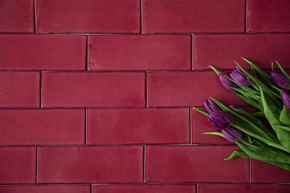 Cerames Red Mosaic Tiles Plain Pink Mexicano - Mexican Ceramic Mosaic Talavera, Mexico Tiles for Kitchen, Bathroom, One Pack of 35 Pink Amaranth Tiles 20 x 7 cm