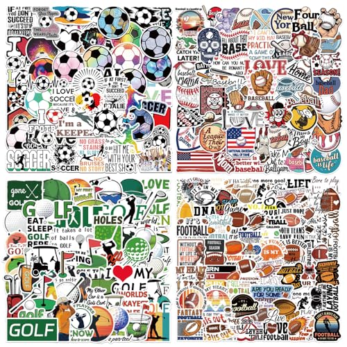 200Pcs Cool Vinyl Mixed Sports Stickers Bulks, Motivational Vinyl Waterproof Water Bottle Stickers for Laptop Scrapbook Journal Helmet, Football Soccer Baseball Golf Decals for Kids Teens Adults