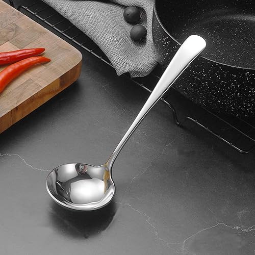 Vista 7 de Cucharones de sopa pequeños, cucharones de cuchara de sopa para salsa, 2 unidades SUS 304 de acero inoxidable no magnético de 7.6 pulgadas redondas