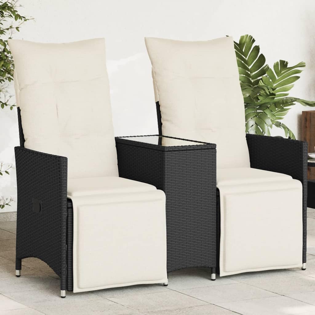 IKAYAA Balkonmöbel Set mit integriertem Tisch, Verstellbare Hochlehner Stühlen, Polyrattan Gartenbank 2-Sitzer, Gartensofa 2-Sitzer, Balkon Sitzgruppe, Schwarz, Hartglas Tisch