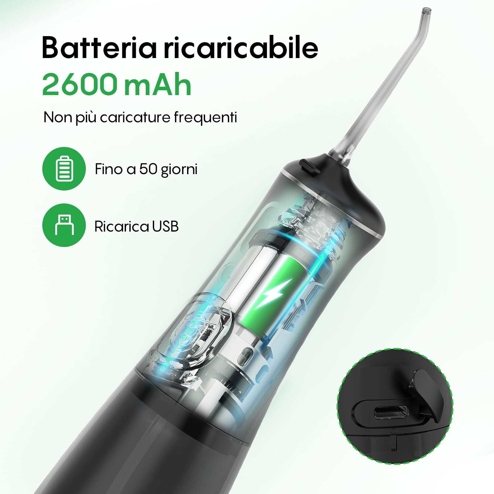 FRESKO Idropulsore Dentale Portatile, 300ML Irrigatore Orale con 4 Modalità 45-105PSI, Batteria 2600mAh, Impermeabile IPX7, 5 Punte per Apparecchi e Impianti