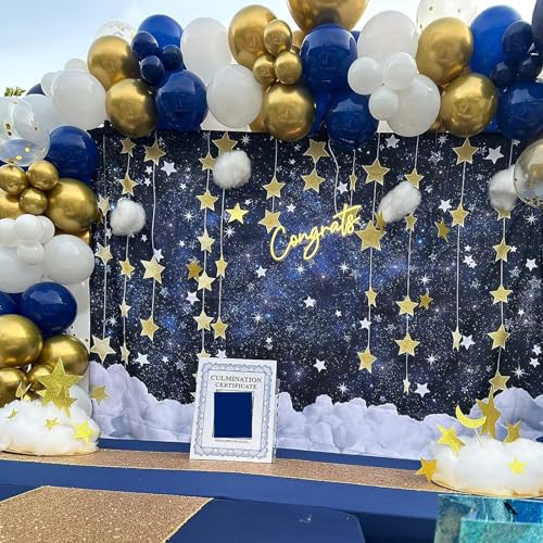 Image of Navy Blue Gold Balloons, 60 Packs 12 Inch Dark Blue White Gold Metallic Chrome Confetti Party Balloons with Ribbons for Birthday, Wedding, Baby Shower, Graduation Father's Day Decorations