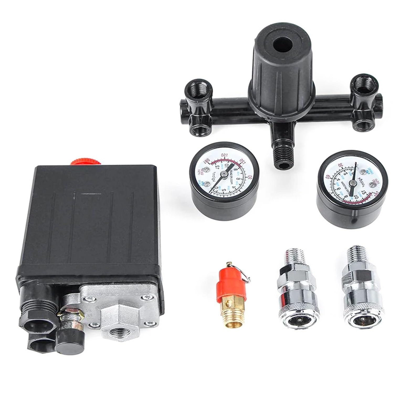 4 Port Air Compressor 220v/380v All Black Bracket With Switch Manifold Pressure Regulator Aluminum Alloy Safety Pressure Valve