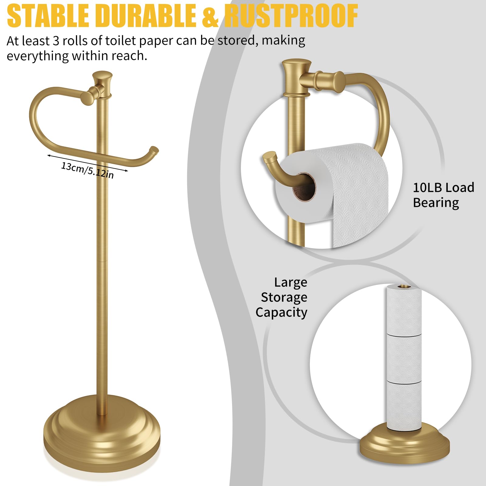 BESy Toilet Paper Holder Floor Stand, Bathroom Freestanding Gold — Amazon image 4