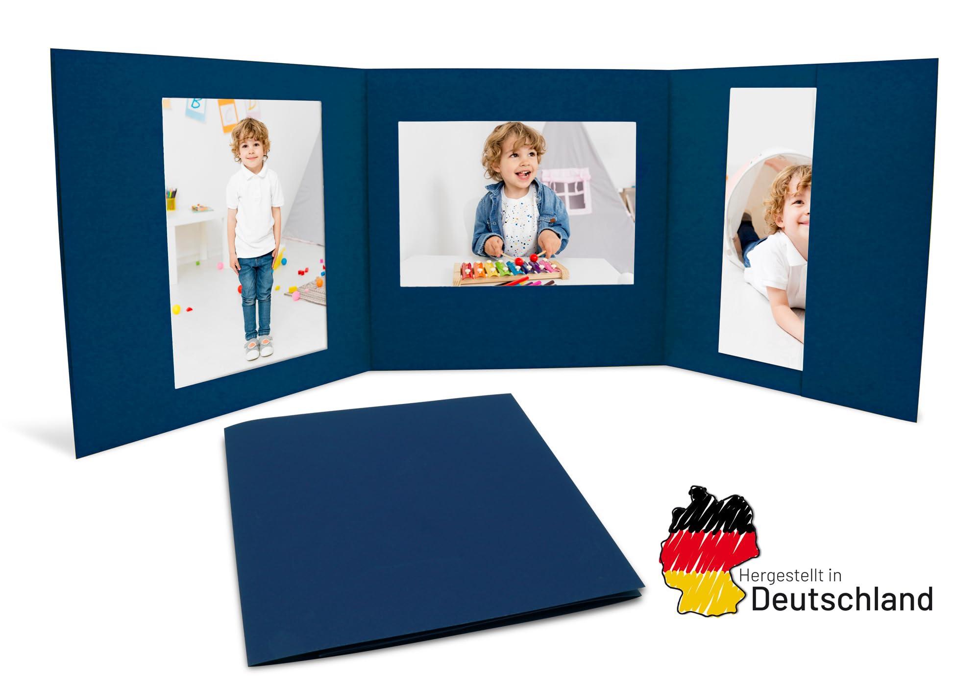25 Fotomappen für Fotografen – 3-teilig, für Bilder im Format 13x18 cm – Hochwertiger Karton, 270 g/m², ideal für Hochformat & Querformat – Einsteck-Langtasche inklusive (Blau)