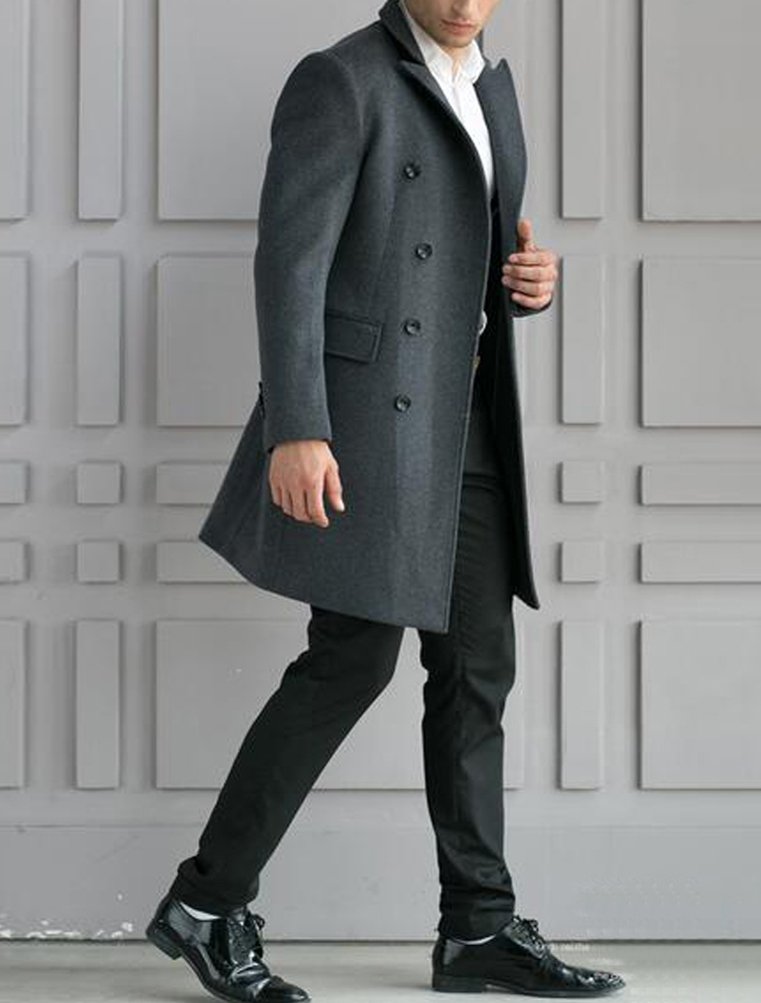 Minibee - Abrigo Largo de Lana para Hombre con Doble Pecho, Ajuste Entallado, Chaqueta de Negocios - Gris - Large