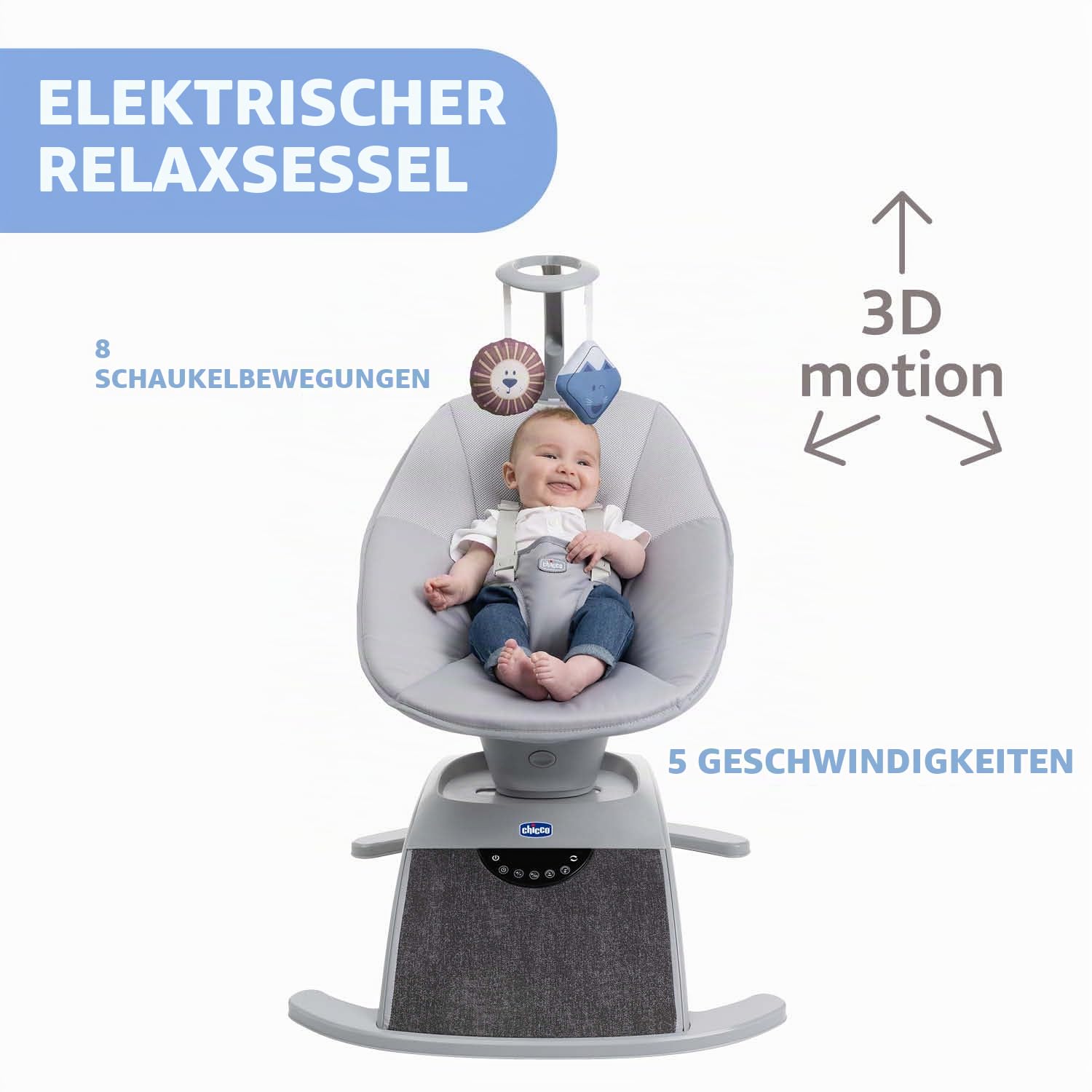 Chicco Comfy Wave, Elektronische Babywippe, Babyschaukel, mit Bewegungen und Melodien, verstellbare Rückenlehne, atmungsaktiver und abnehmbarer Stoff, Spielleiste, 0 Monate