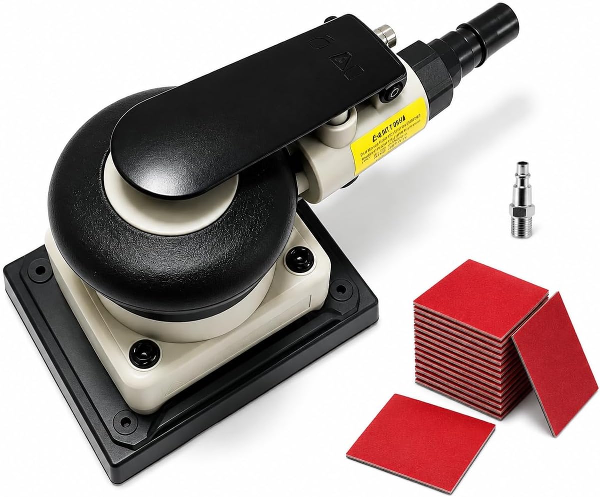 3x4 Pneumatic Random Orbital Palm Sander Kit, 12000 RPM | 3mm orbit and 15 foam sanding sheets for wood sanding, auto body paint prep, furniture refinishing and metal finishing