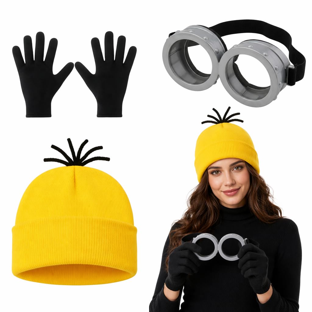 YFHUVB 3 Piece Yellow Hat Costume Set, Adult Yellow Outfit with Goggles and Gloves, Halloween Party Cosplay Accessories for Themed Events and Role Playing Activities