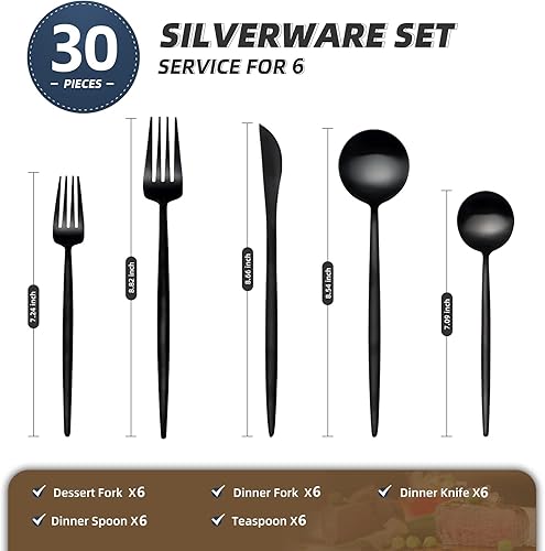 Miniatura 8 de Juego de cubiertos negro mate juego de cubiertos de acero inoxidable con acabado satinado de 20 piezas para 4 cuchillos tenedores cucharas incluidas