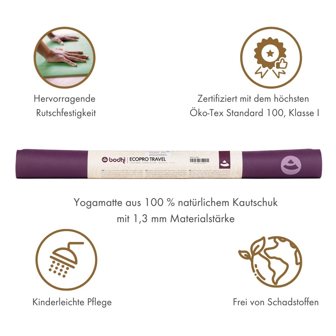 Tappetino da yoga da viaggio Ecopro Travel, estremamente antiscivolo, 1,3 mm, leggerissimo e pieghevole, in gomma naturale, colore: viola