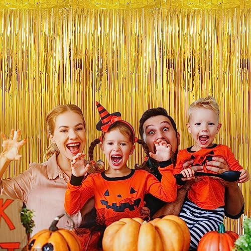 Image of 2 Pack 3.28 ft x 6.56 ft Golden Tinsel Curtain Party Backdrop Decorations, Metallic Foil Fringe Backdrop Door for Halloween, Christmas, Birthday Graduat