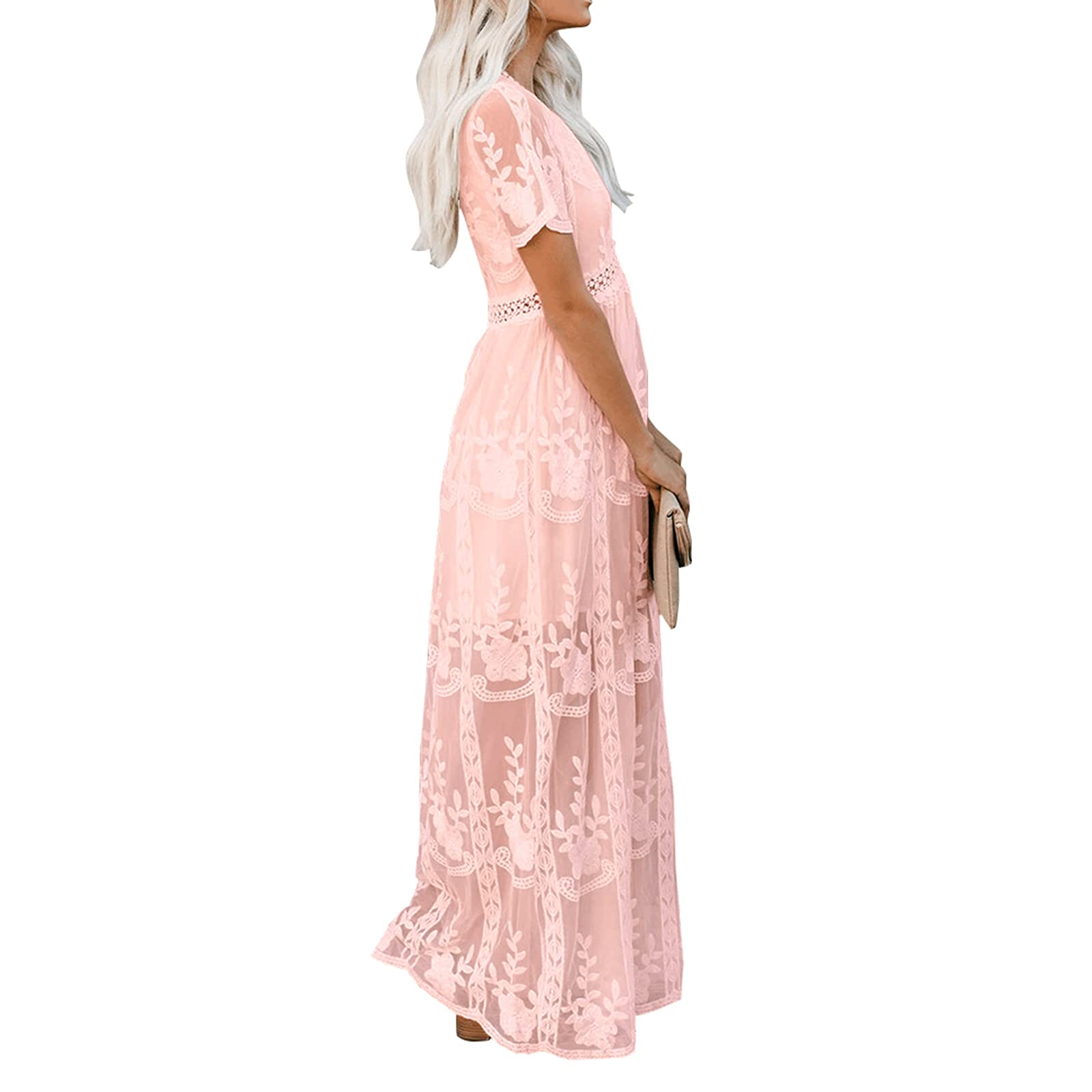 amropi Robe de Soirée Femme Floral Manches Courtes Col V Longue Robes en Dentelle
