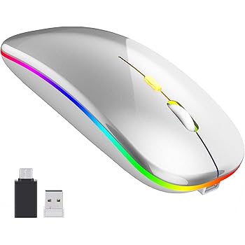 【2020最新版 7色ライト】ワイヤレスマウス 無線マウス 静音 軽量 USB 充電式 超薄型 2.4GHz 3DPIモード 左右利き用 省エネルギー 高精度 持ち運び便利 type-C変換アダプタ付属 Windows/Mac/surface/Microsoft (silver)