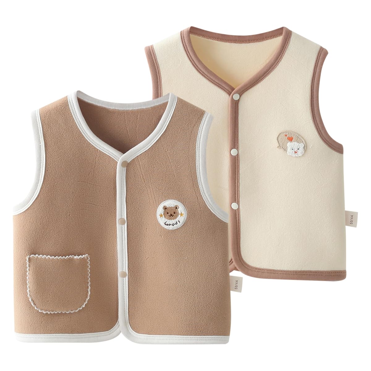 Lot de 2 Gilet en Polaire pour Bébé Garçon Fille Automne Hiver Veste Manteaux Sans Manches Cardigan Haut avec Motif de Dessin Animé Blouson Gilet Pull sans Manche pour Tout-petit Enfant 0-4 Ans