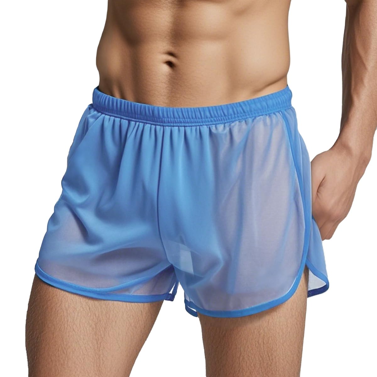 YINYOUYU Mens Mesh See Through Shorts Large Split Side Boxer Underwear Loose Lounge Breathable Underpants L Blue