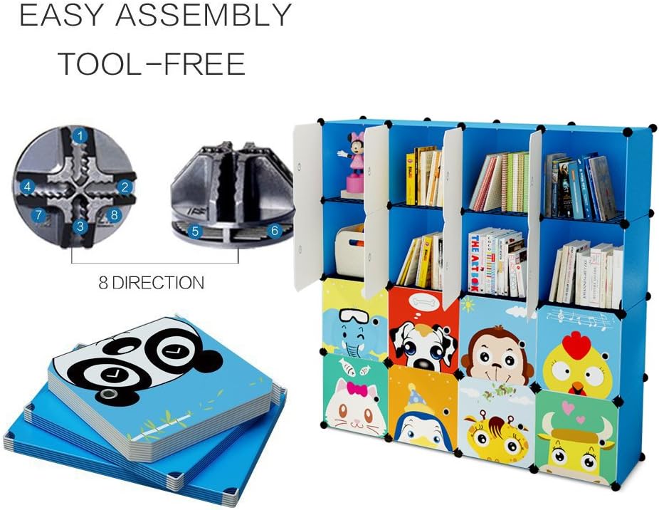 Koossy Expandable Kids' Bookcase Toy Storgae Organizer, Capacious & Sturdy 16 Cube (Blue)