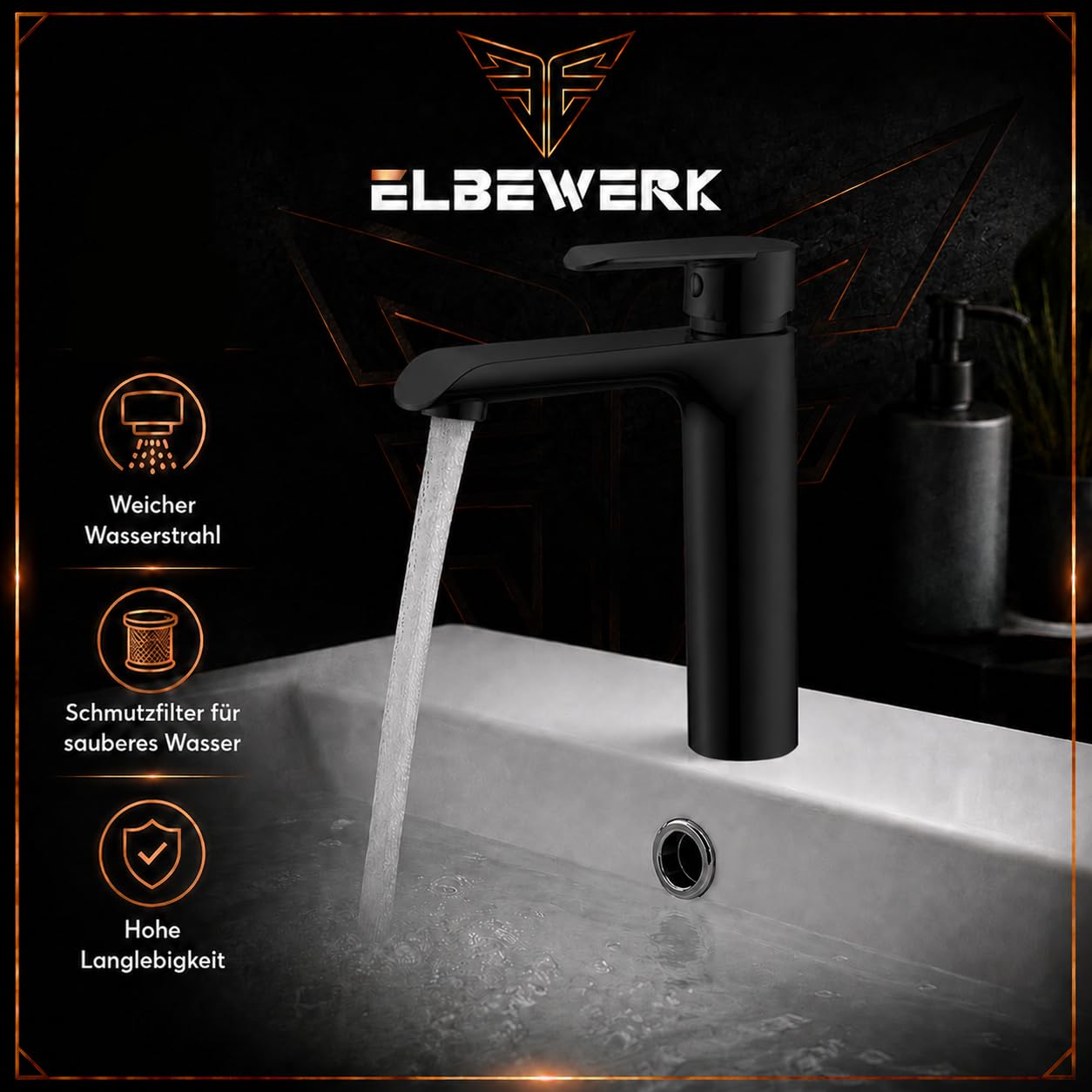 Waschtischarmatur – Einhebel Badarmatur mit Ablaufgarnitur, Keramikkartusche, Heißwassersperre & Wassersparfunktion, inkl. 3/8" Flexschläuche (Mattschwarz, Medium)