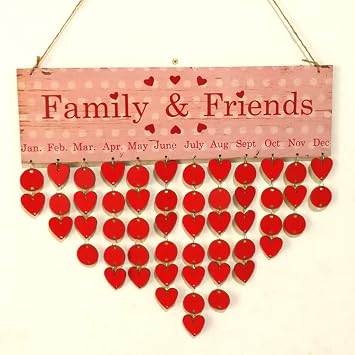 Gift for Grandma Wooden Family Birthday Reminder Calendar with 50 Tags Handmade Decorative Wall Hanging Jan-Dec Birthdays Tracker Plaque for DIY Craft Family&Friends Red