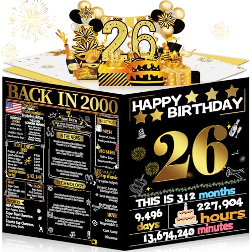 Joycard 26th Birthday Card for Women Men, 3D Pop Up Happy Birthday Gift for Her Him, Funny 26 Year Old Birthday Decorations for Daughter Son, Back in 2000 Laser Gold Retro Theme