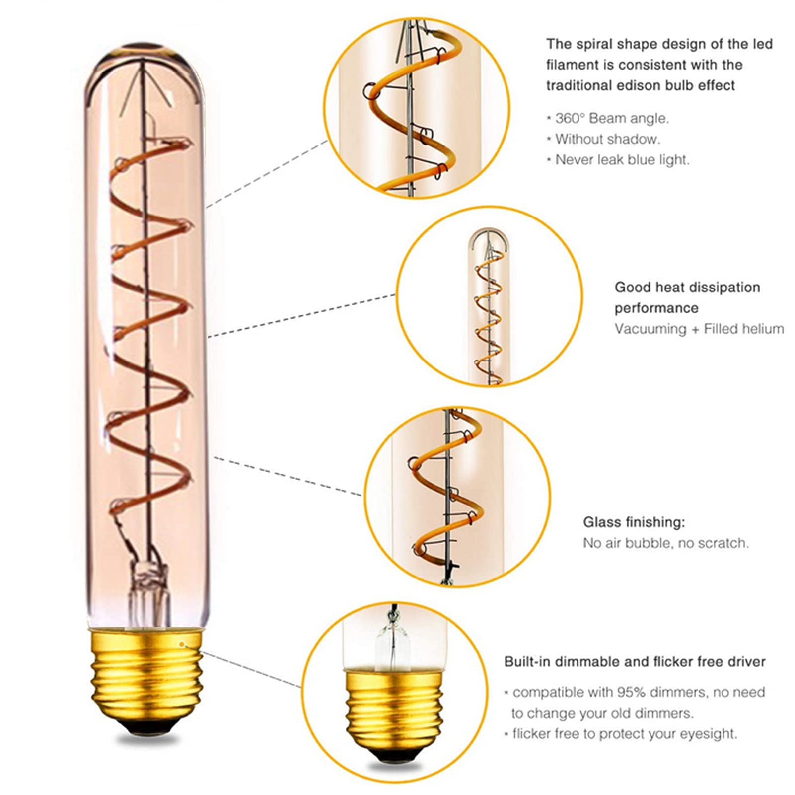 Lampadine tubolari a LED T30 3W equivalenti a 30W, 2200k Giallo caldo 300 lumen Lampadine Edison con filamento a spirale dimmerabili, base standard in vetro ambrato