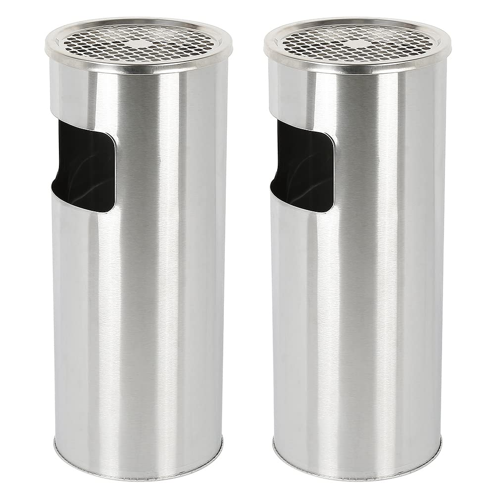 Cubo de basura con cenicero para exterior, Cenicero sobre pie de acero inoxidable con basura, Papelera Cenicero Altura 60 cm- 25 * 25 * 60 cm-silver (2pc)